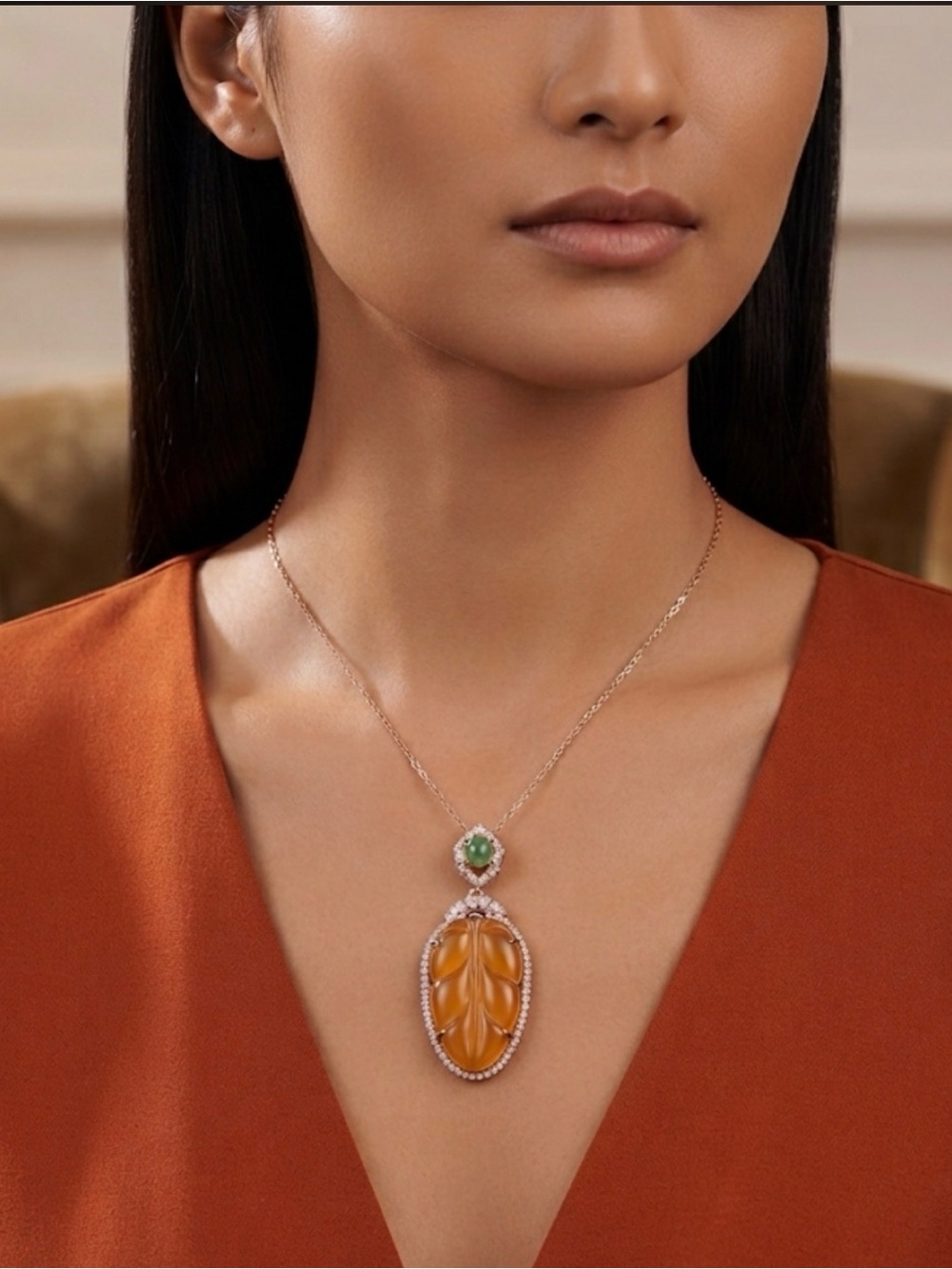 Chalcedony Carved Leaf Pendant Necklace - Rose Gold Tone